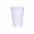 A clear, empty plastic cup on a white background.