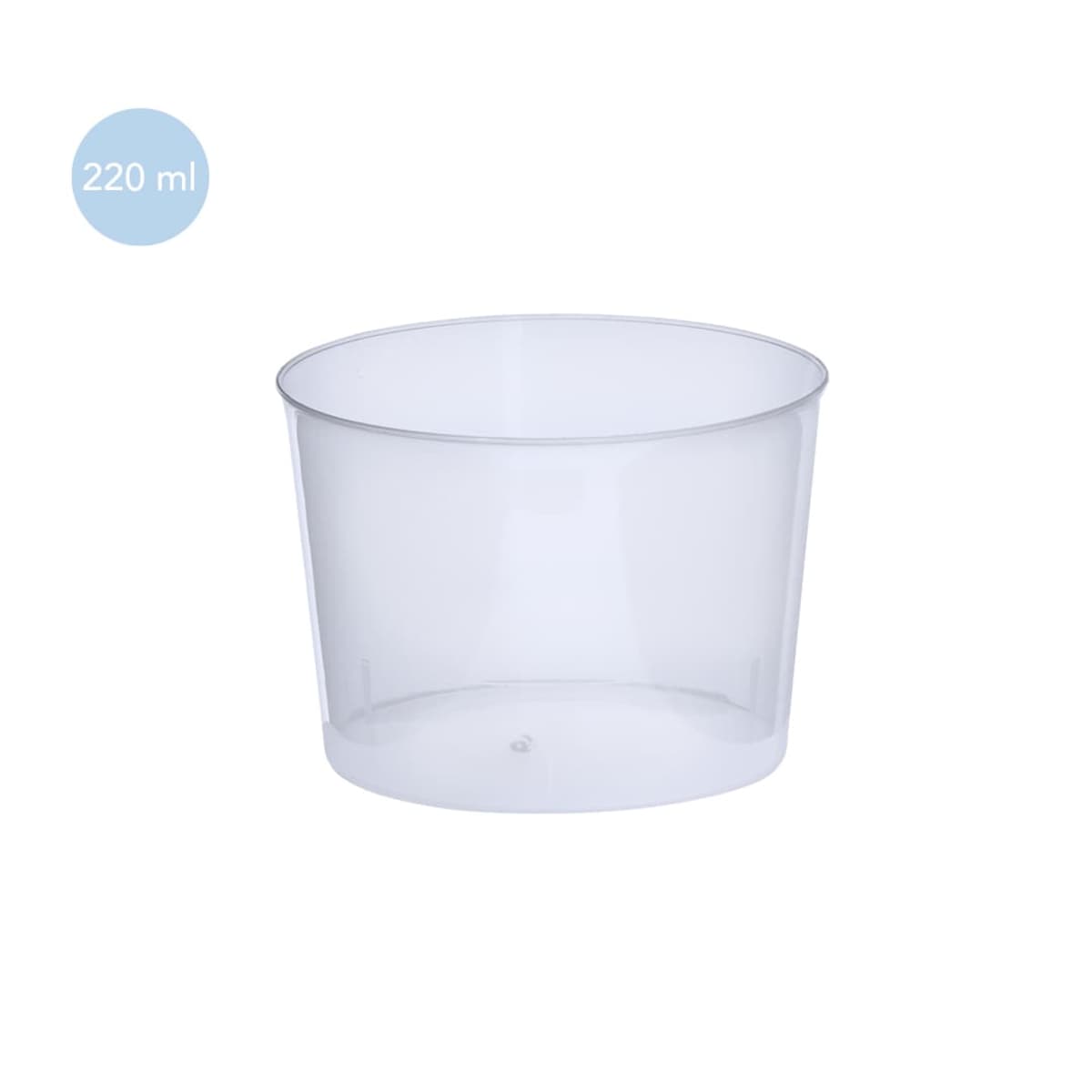Clear plastic cup with a 220 ml capacity label on a white background.