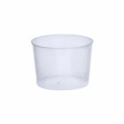 Clear, empty plastic cup on a white background.