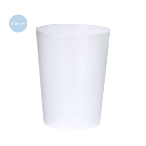 A plain white plastic cup with a 900 ml label on the side.