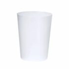 A plain white plastic cup on a white background.
