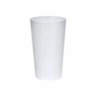 A plain white plastic cup on a white background.