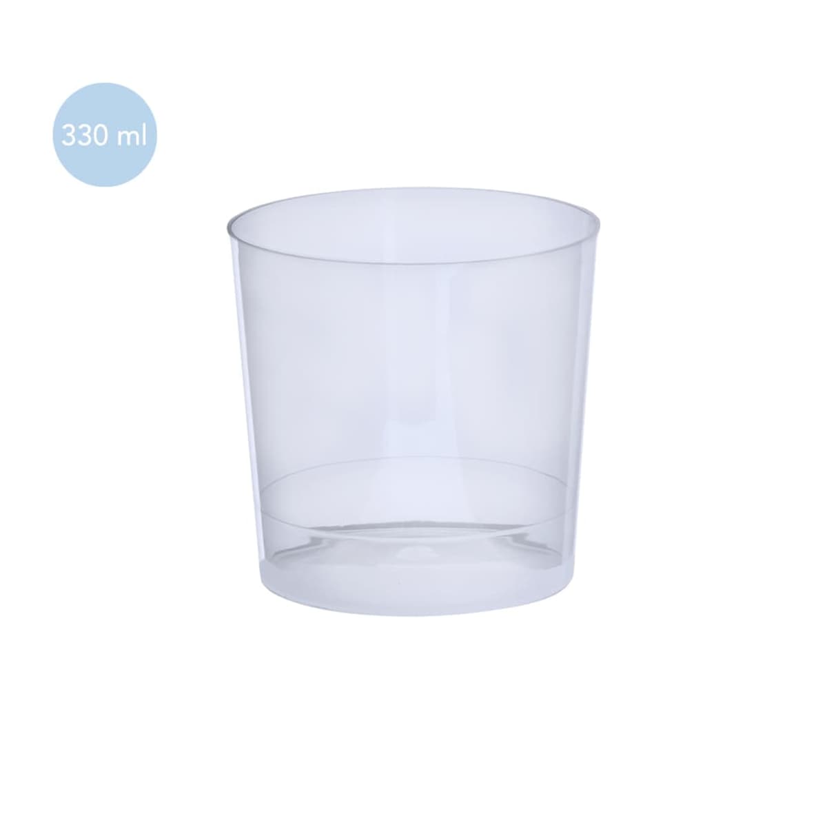 Clear plastic cup with a 330 ml label on a white background.