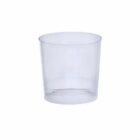 A clear, empty plastic cup on a plain white background.