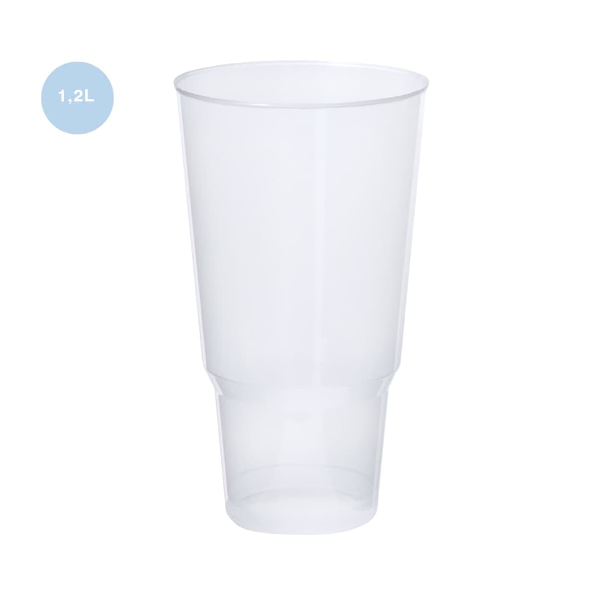 Clear plastic cup with a capacity of 1.2 liters. The cup has a tall, tapered design, set against a plain white background. A small blue circle on the upper left corner indicates the volume.