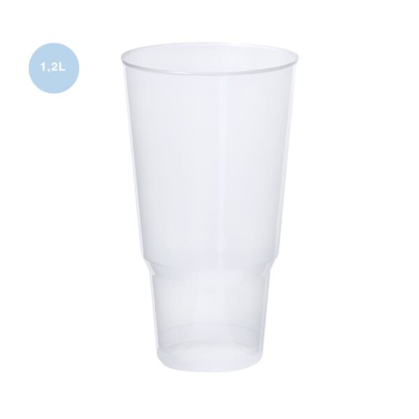 A transparent, plastic tumbler with a capacity of 1.2 liters is shown against a plain white background. The tumbler has a slightly tapered design. A small blue circle in the top left corner displays 1,2L.