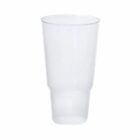 A transparent, reusable plastic cup with a slightly tapered design is shown against a plain white background.