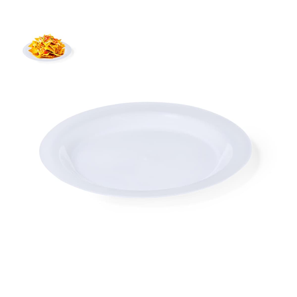 White empty plate with a small pile of food in the top left corner on a white background.