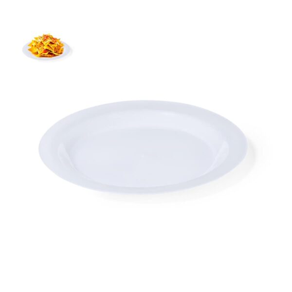 A large empty white plate with a small pile of orange chips in the corner.