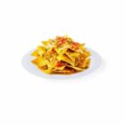 A plate of nachos topped with melted cheese, diced tomatoes, and jalapeños.