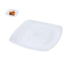 Two white square plates, one with food on it, against a white background.