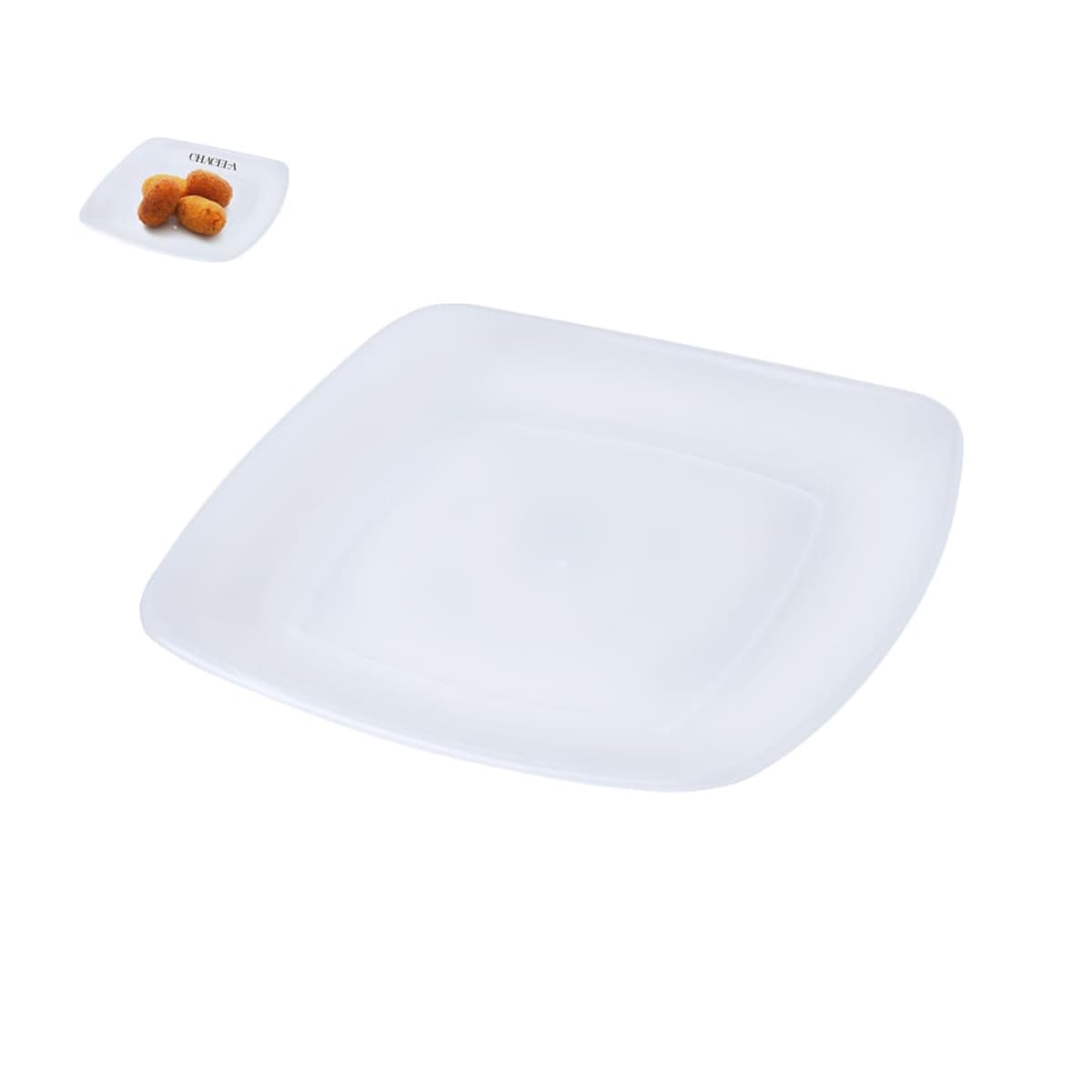 Two white square plates, one with food on it, against a white background.