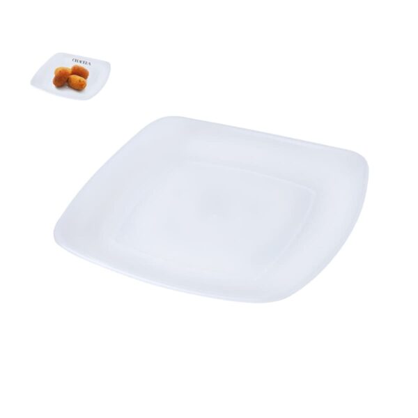 Two square white plates, one empty and one with three breaded nuggets.