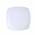 A plain, white, square plate on a white background.