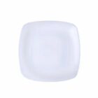 A plain white, square-shaped plate on a white background.