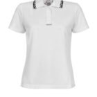 White polo shirt with black and white checkered collar detail.