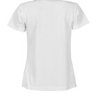 White polo shirt with short sleeves and checkered collar detail, viewed from the back.