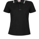 Black collared shirt with checkered details on the collar.