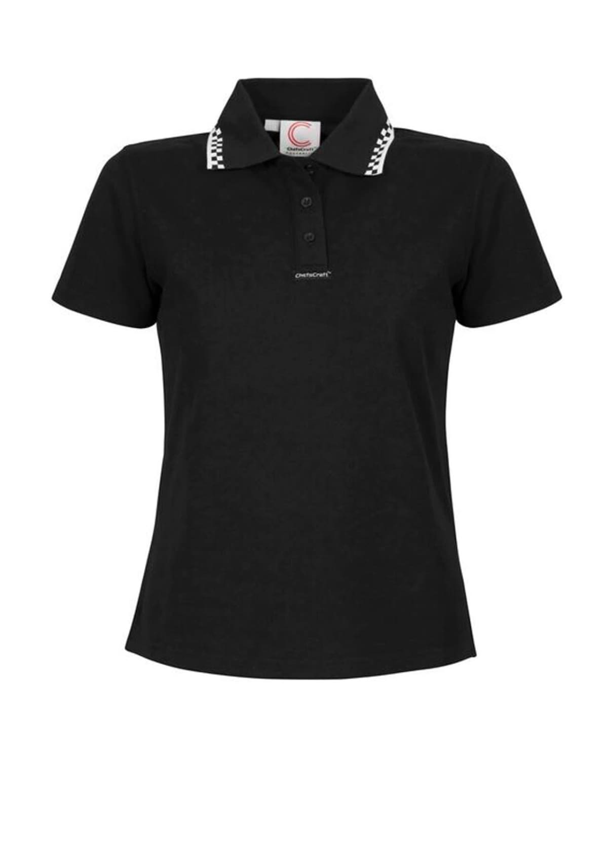 Black collared shirt with checkered details on the collar.