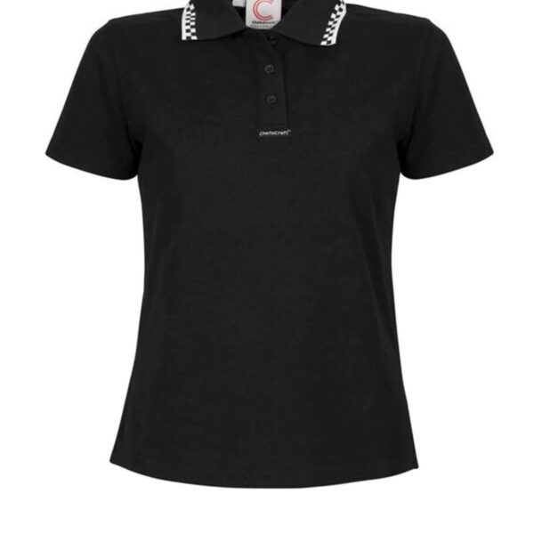Black polo shirt with a patterned collar and small logo on the chest.