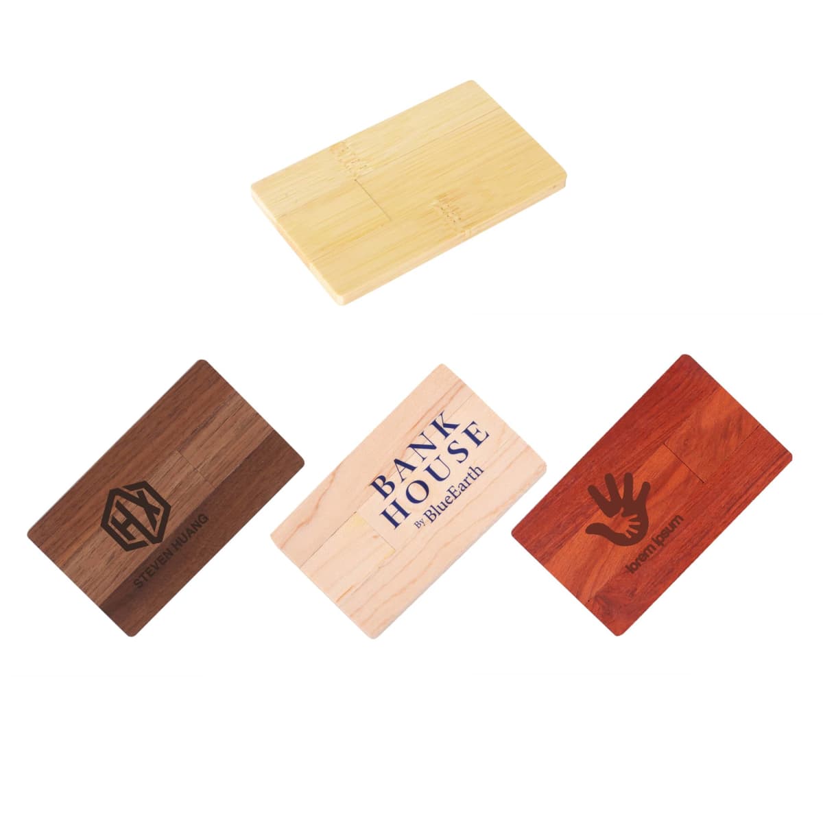 Four branded wooden cardholders in different wood tones displayed on a white background.