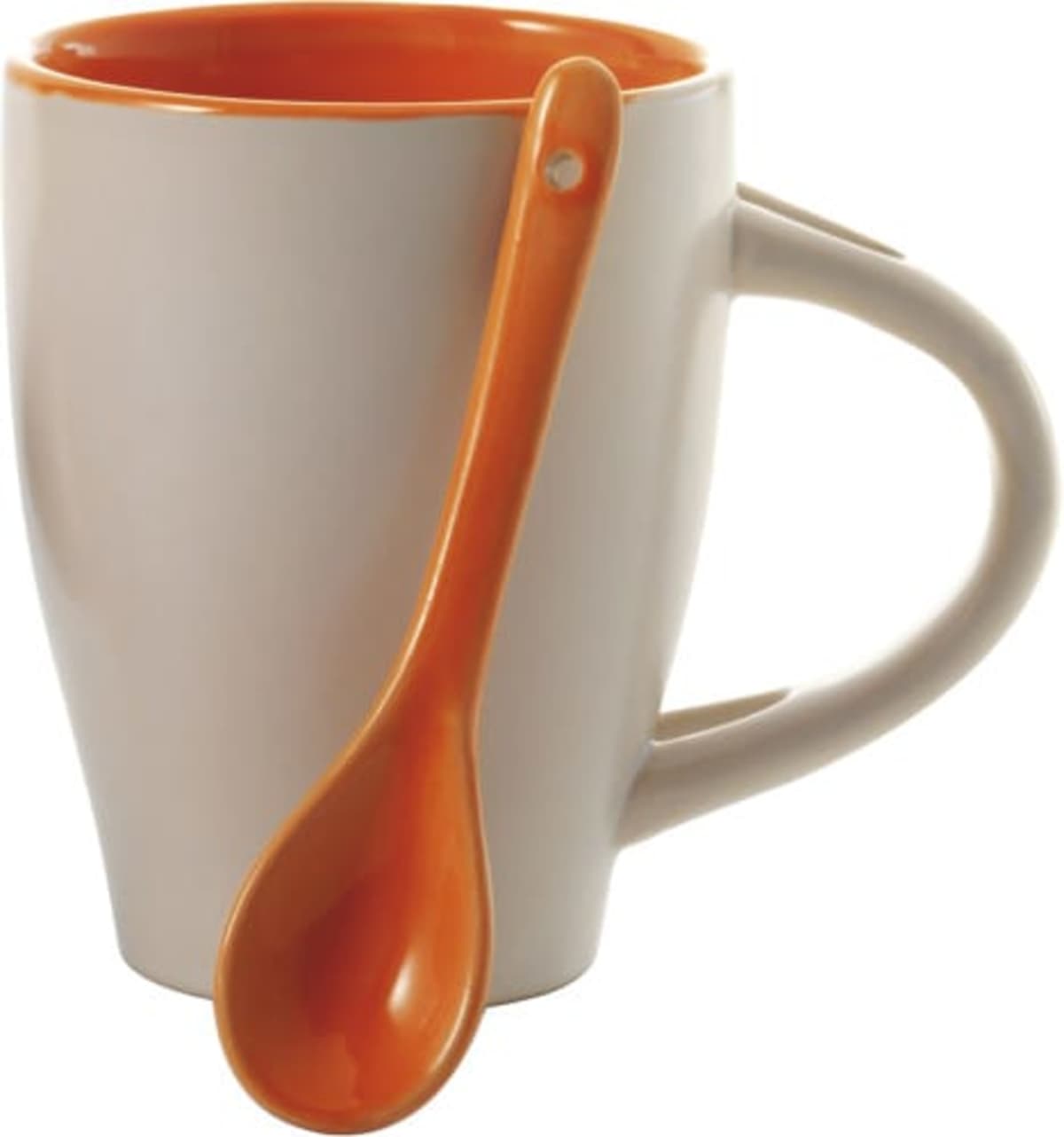 White mug with orange interior and matching orange spoon resting on the handle.
