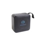Black portable Bluetooth speaker with a carry strap and SOUND logo on the front.