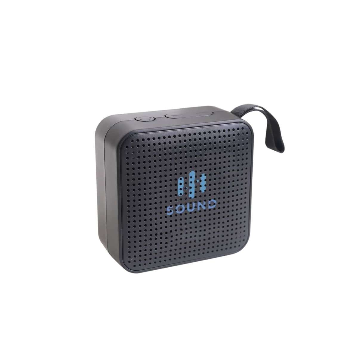 Black portable Bluetooth speaker with a carry strap and SOUND logo on the front.