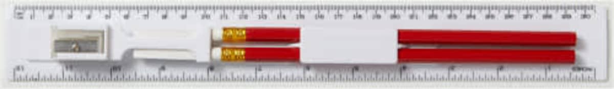 A ruler with a sharpener, eraser, and two red pencils placed inside its packaging.