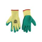 Yellow and green work gloves with a logo on the palm.