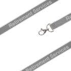 Gray lanyard with Retirement Services written in white. It features a metal clasp for attaching items. The lanyard is laid out against a white background.