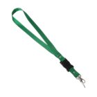 A green lanyard with a metal clasp at the bottom. The lanyard includes a black plastic buckle for detaching the lower section, which has a metal hook. The lanyard is laid flat on a plain white background.