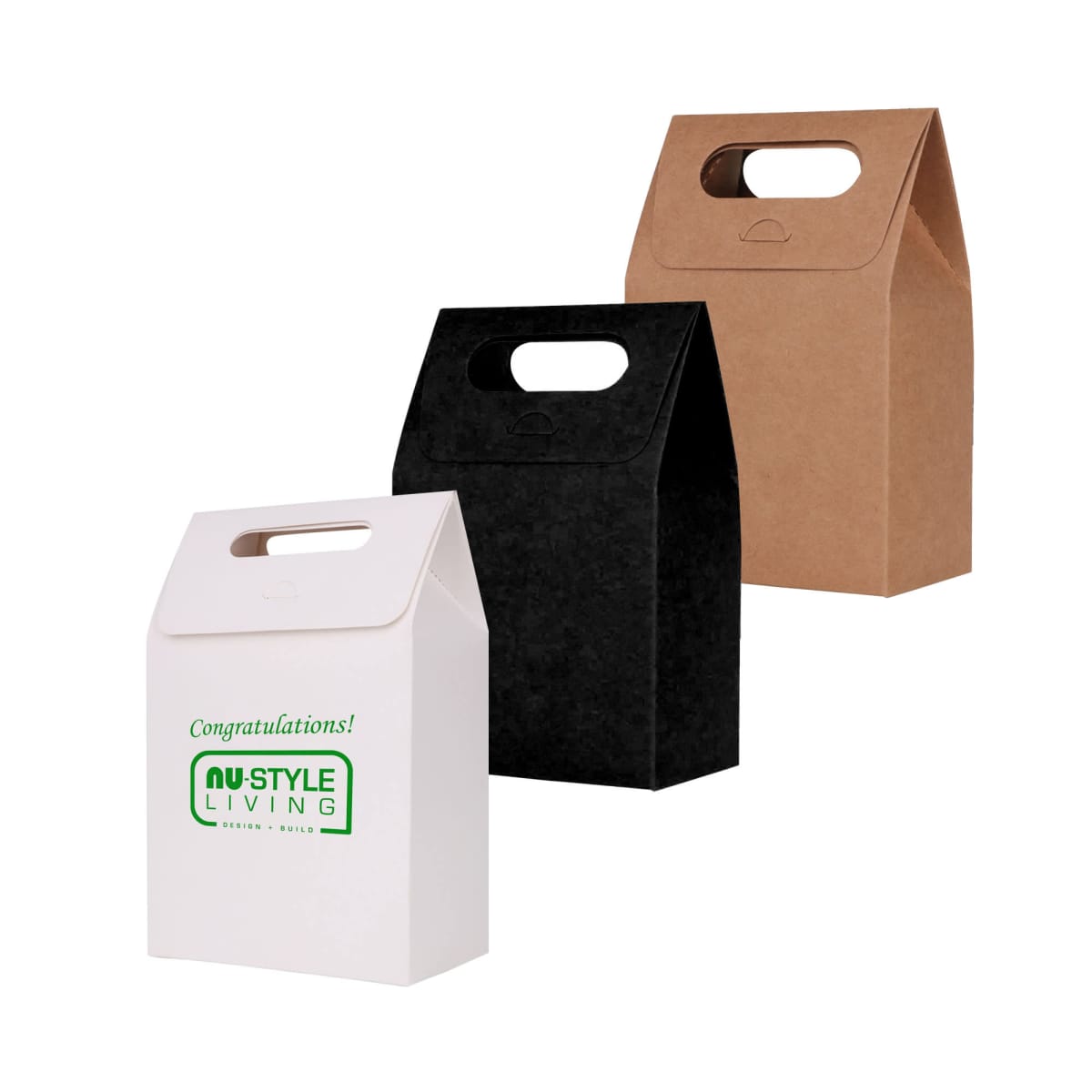 Three gift bags: white with logo, black, and brown, each with a handle.