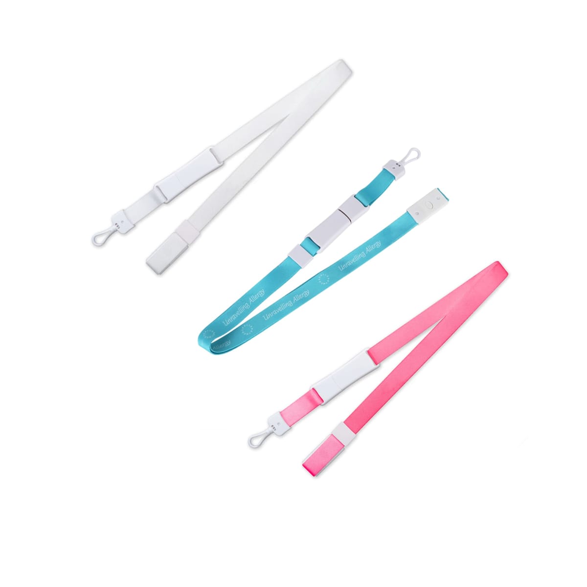Three lanyards are shown: one is white, another is turquoise with white text and medical symbols, and the third is pink. Each has an adjustable buckle and a white clip at the end.