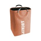 Brown laundry bag with handles and LAUNDRY printed on the side.