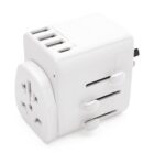 White universal travel adapter with multiple USB ports and adjustable plugs.