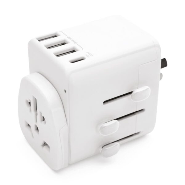 White universal travel adapter with multiple USB ports and plug options.