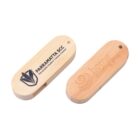 Two wooden USB drives with engraved logos on white background.