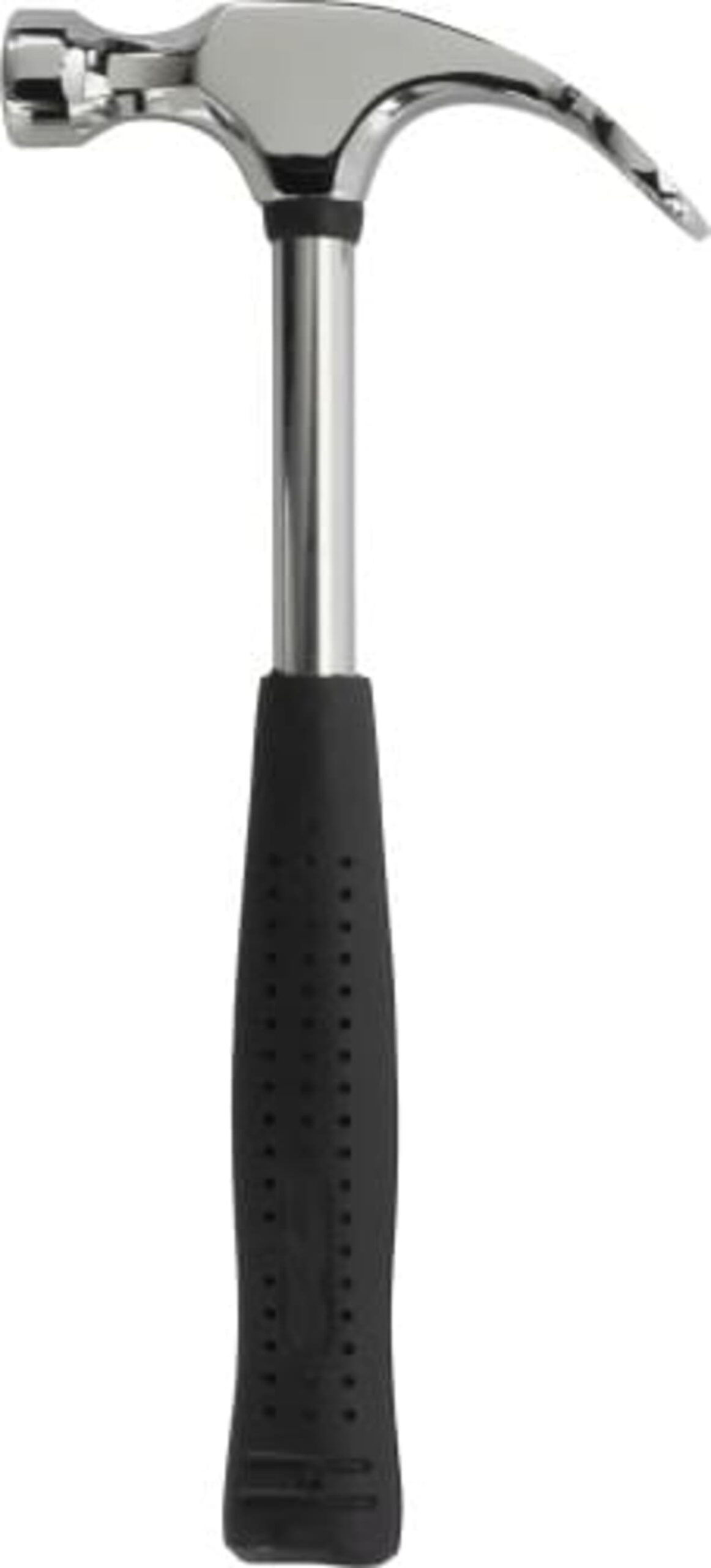 Silver claw hammer with a black rubber grip handle.