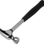Silver claw hammer with a black rubber grip handle on a white background.