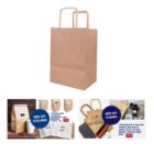 Brown paper bag with handle and customizable stickers and stamps.