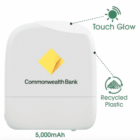 White Commonwealth Bank charger with 5000mAh, touch glow, and recycled plastic features.