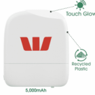 White minimalist power bank with red logo; features Touch Glow and Recycled Plastic, 5,000mAh.