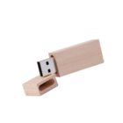 Wooden USB flash drive with its cap removed, angled upwards on a white background.