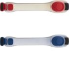 Two LED safety lights with straps, one red and one blue.