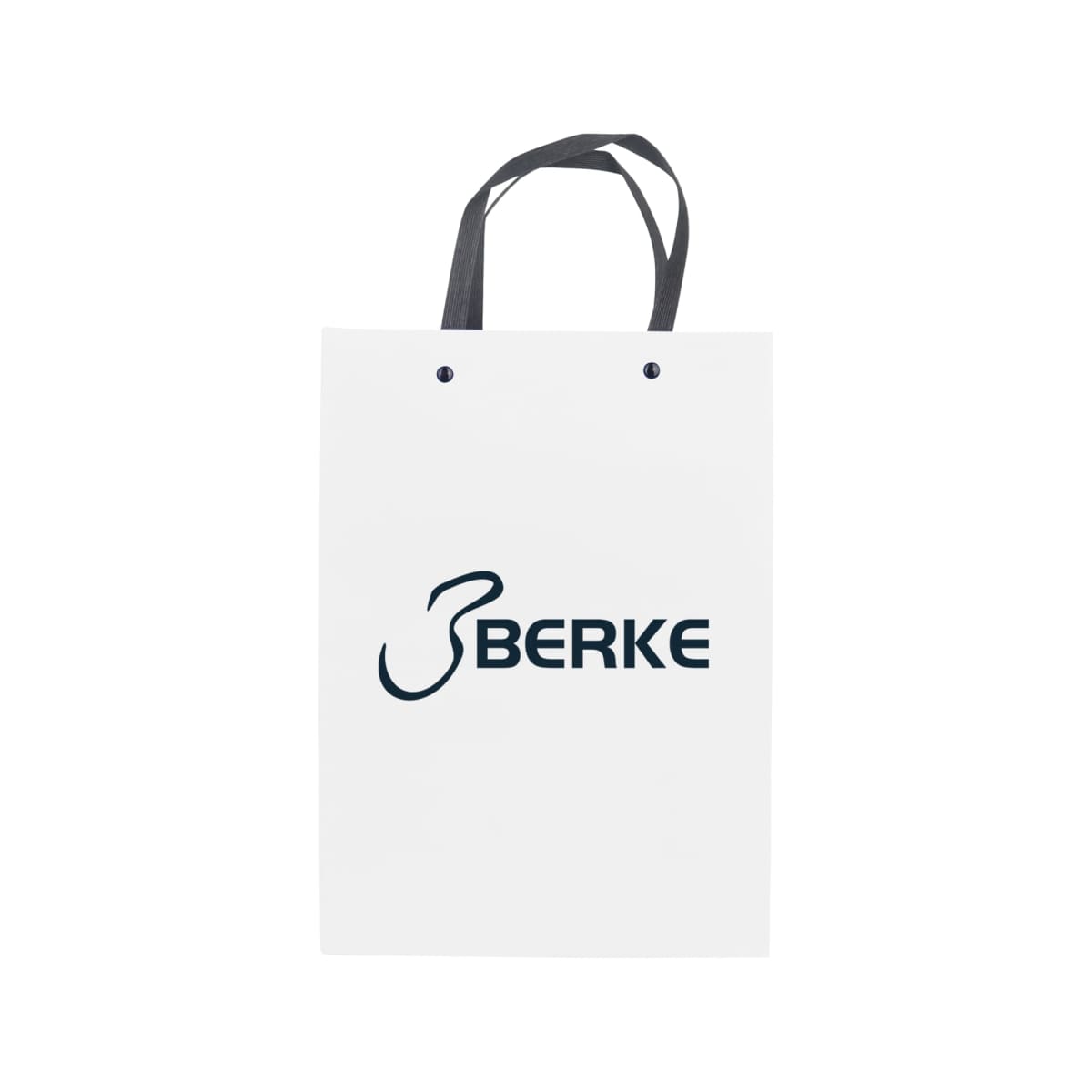 White shopping bag with BERKE logo and black handles.