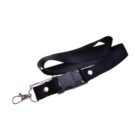 A black lanyard with a metal swivel hook and plastic buckle is coiled neatly. The hook is designed for attaching keys or badges, while the buckle allows for easy release. The lanyard appears durable, typically used for IDs or keychains.