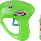 A bright green bubble gun with a pink nozzle labeled Space and Crazy Shoot Bubble next to a small, lime green bottle labeled Magic Dark Bubble. The bottle contains bubble solution.