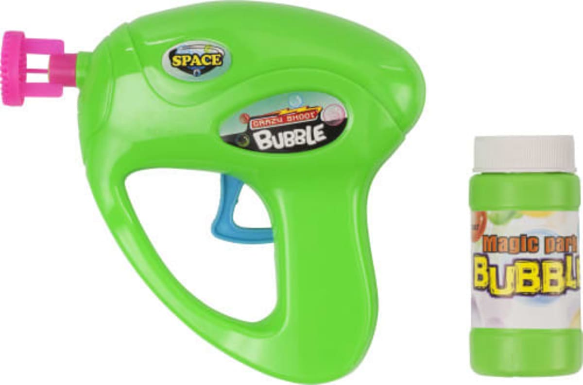 A bright green bubble gun with a pink nozzle labeled Space and Crazy Shoot Bubble next to a small, lime green bottle labeled Magic Dark Bubble. The bottle contains bubble solution.