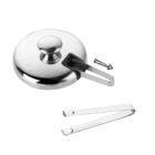 Stainless steel pot lid with detachable handle and arrow indicating connection.